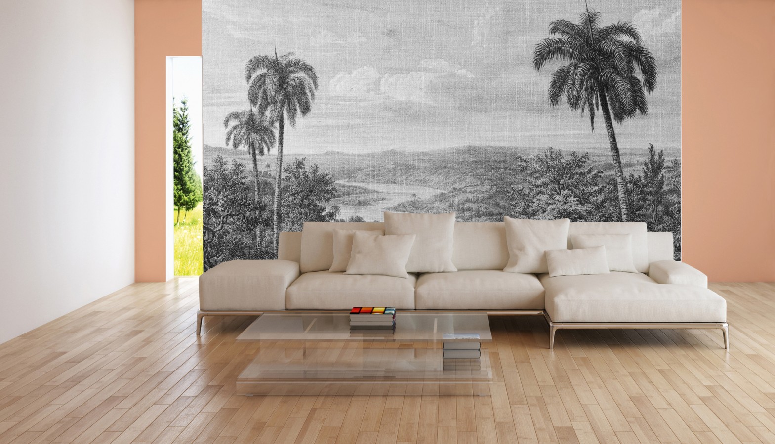 Papel pintado mural ilustración panorámica de naturaleza exótica en blanco y negro  Majestic Pathway 684778
