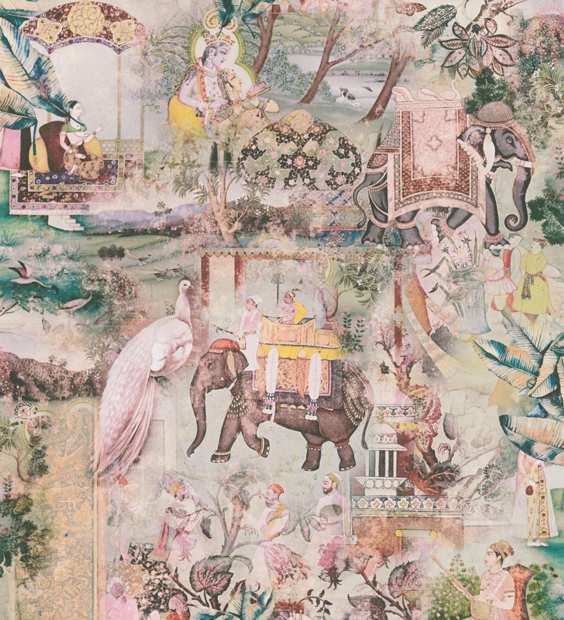Papel pintado exótico de la India tradicional con elefantes palacios y pavos reales  Zalaya Indus 684780