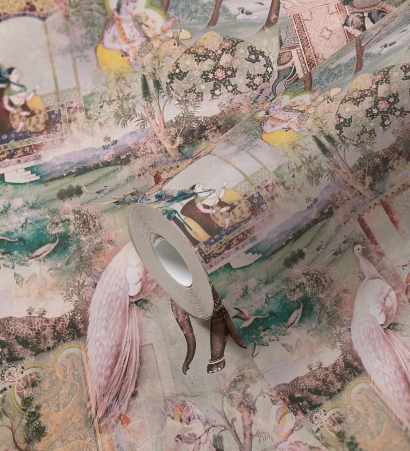 Papel pintado exótico de la India tradicional con elefantes palacios y pavos reales  Zalaya Indus 684780