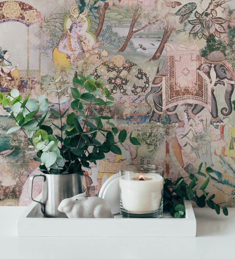 Papel pintado exótico de la India tradicional con elefantes palacios y pavos reales  Zalaya Indus 684780
