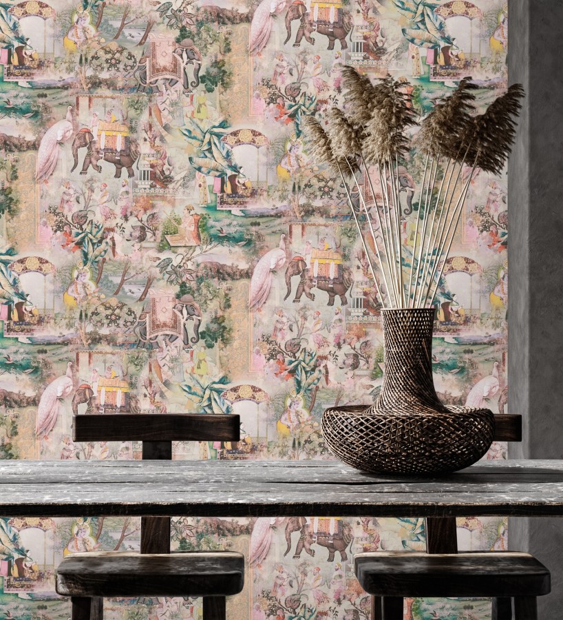 Papel pintado exótico de la India tradicional con elefantes palacios y pavos reales  Zalaya Indus 684780