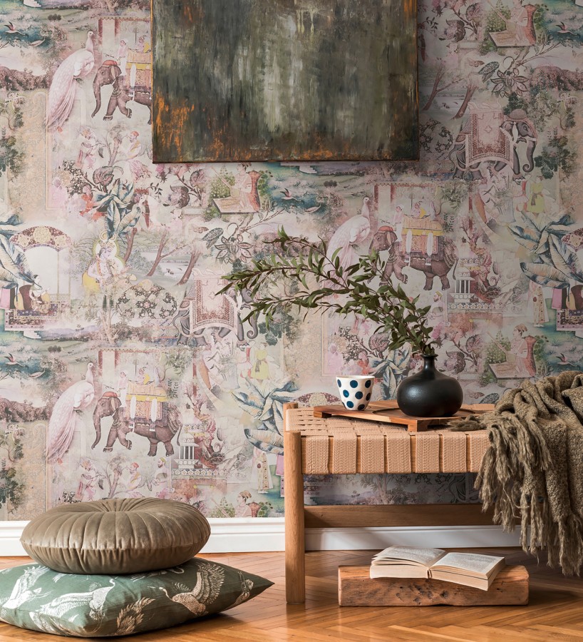 Papel pintado exótico de la India tradicional con elefantes palacios y pavos reales  Zalaya Indus 684780
