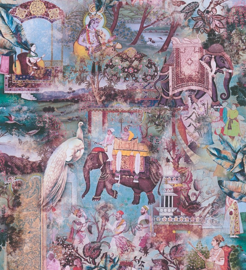 Papel pintado exótico de la India tradicional con elefantes palacios y pavos reales  Zalaya Indus 684781