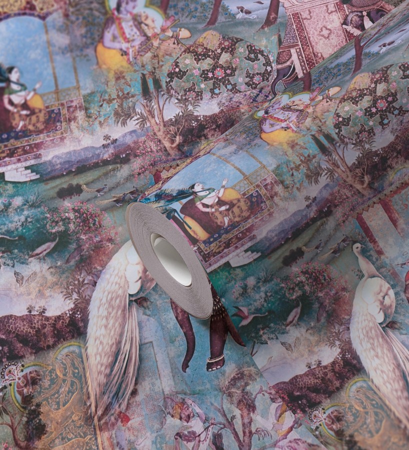 Papel pintado exótico de la India tradicional con elefantes palacios y pavos reales  Zalaya Indus 684781