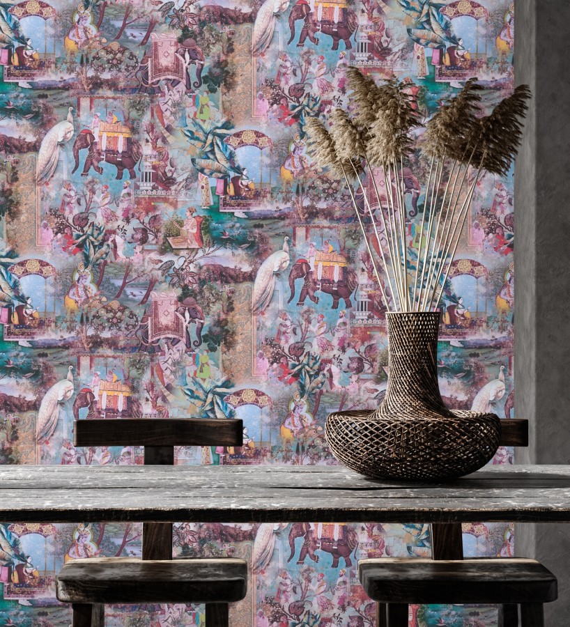 Papel pintado exótico de la India tradicional con elefantes palacios y pavos reales  Zalaya Indus 684781