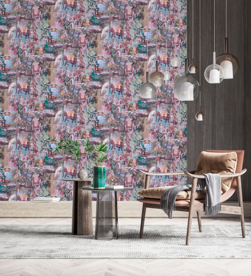 Papel pintado exótico de la India tradicional con elefantes palacios y pavos reales  Zalaya Indus 684781
