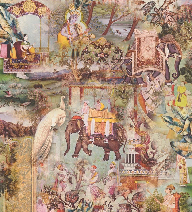 Papel pintado exótico de la India tradicional con elefantes palacios y pavos reales  Zalaya Indus 684782