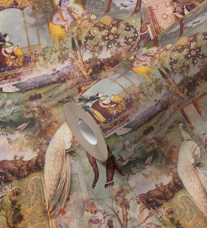Papel pintado exótico de la India tradicional con elefantes palacios y pavos reales  Zalaya Indus 684782