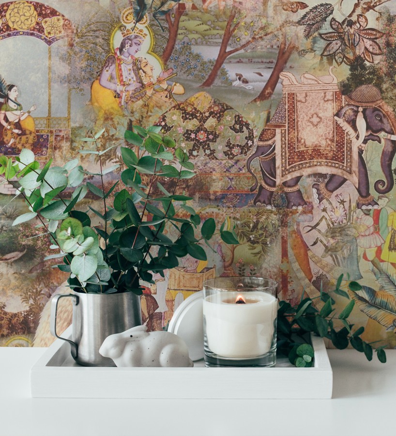 Papel pintado exótico de la India tradicional con elefantes palacios y pavos reales  Zalaya Indus 684782