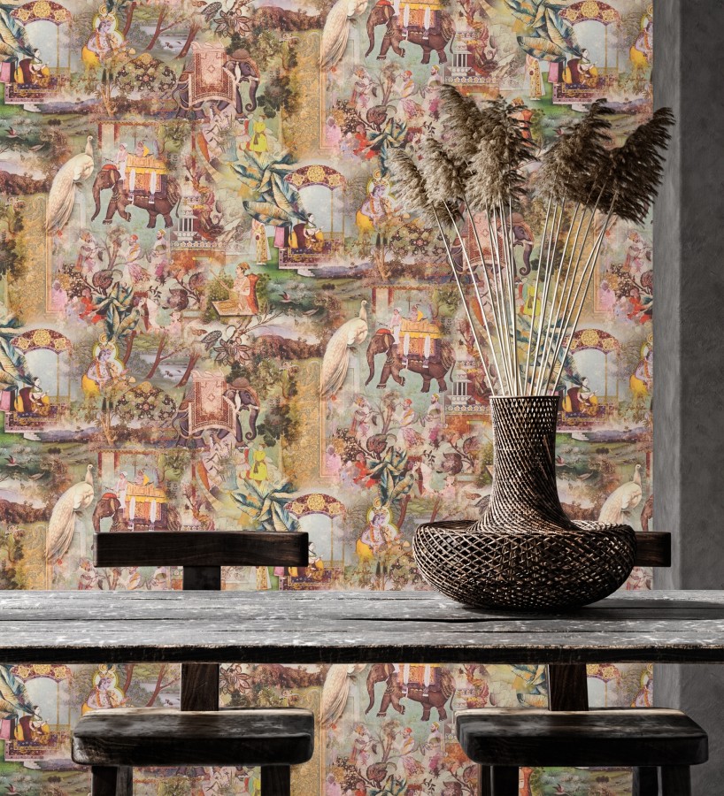 Papel pintado exótico de la India tradicional con elefantes palacios y pavos reales  Zalaya Indus 684782