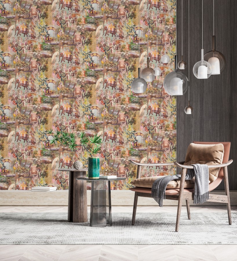 Papel pintado exótico de la India tradicional con elefantes palacios y pavos reales  Zalaya Indus 684782
