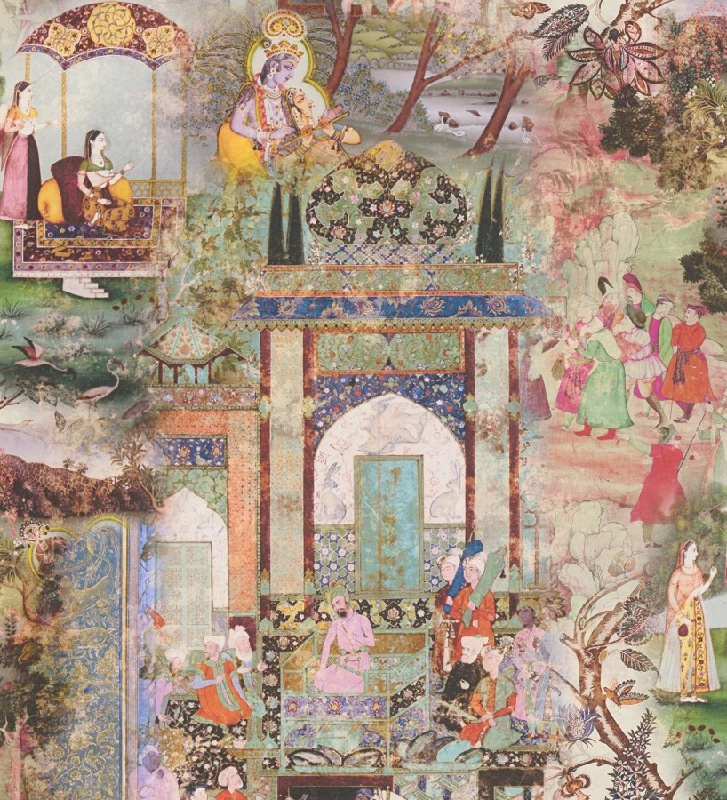 Papel pintado mural indio de tapiz artístico con escenas cortesanas y palacios  Vareli Indus 684783