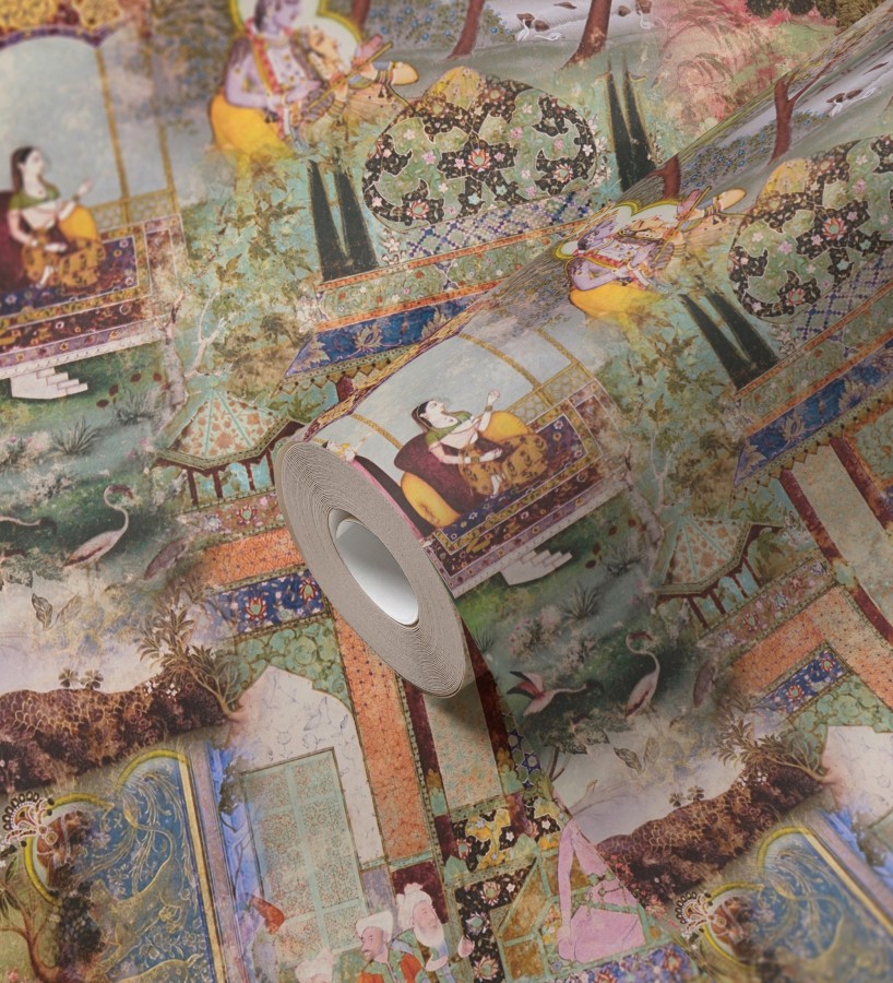 Papel pintado mural indio de tapiz artístico con escenas cortesanas y palacios  Vareli Indus 684783