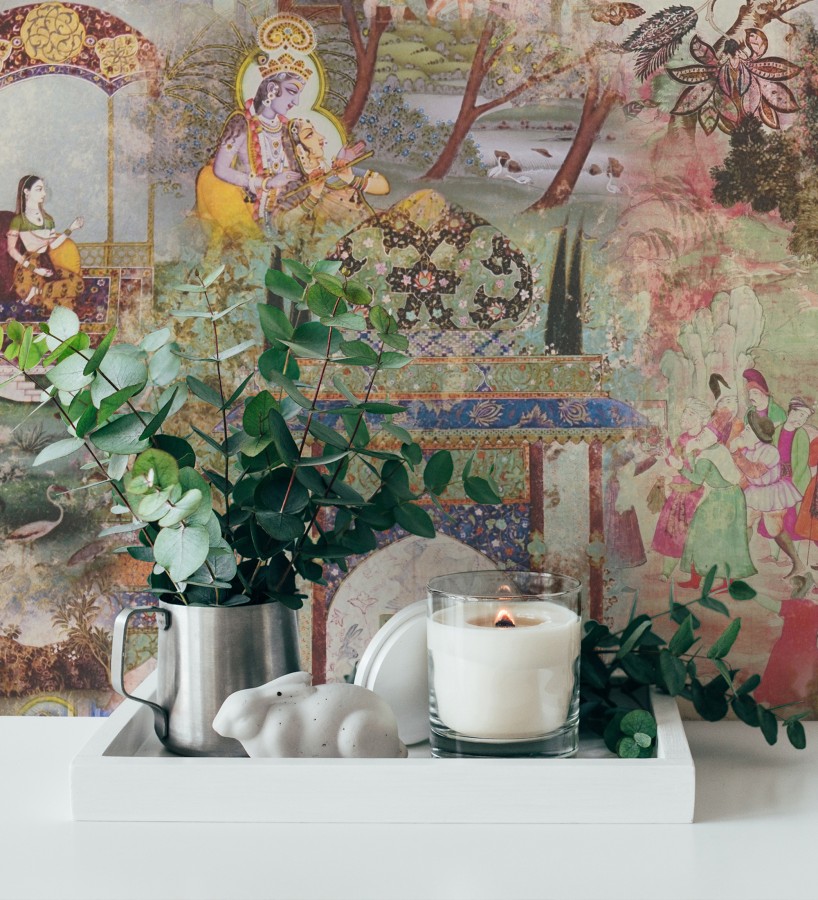 Papel pintado mural indio de tapiz artístico con escenas cortesanas y palacios  Vareli Indus 684783