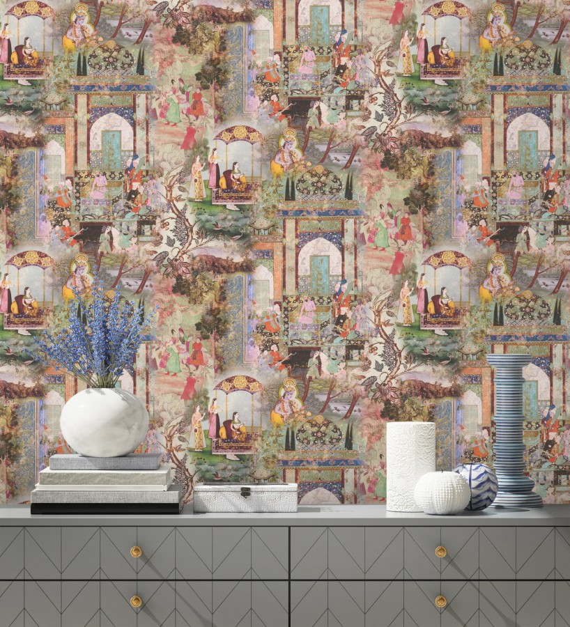 Papel pintado mural indio de tapiz artístico con escenas cortesanas y palacios  Vareli Indus 684783