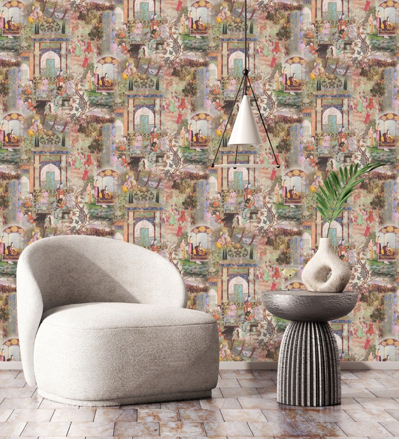 Papel pintado mural indio de tapiz artístico con escenas cortesanas y palacios  Vareli Indus 684783
