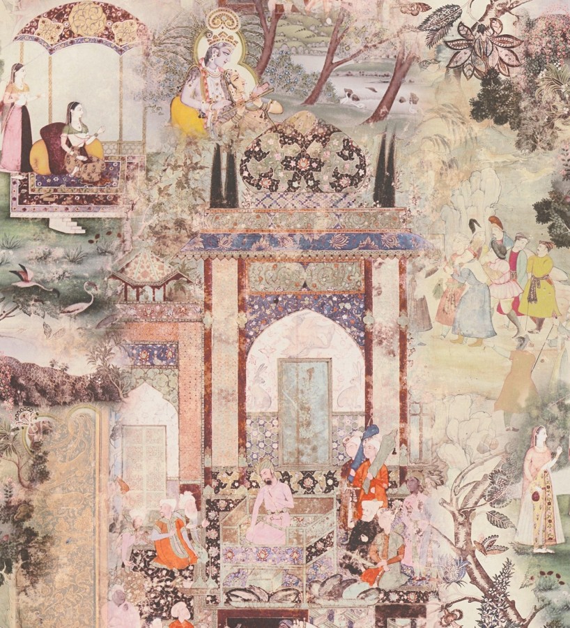 Papel pintado mural indio de tapiz artístico con escenas cortesanas y palacios  Vareli Indus 684784