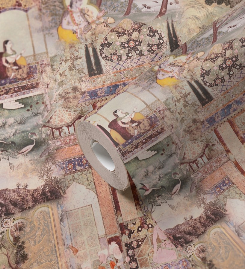 Papel pintado mural indio de tapiz artístico con escenas cortesanas y palacios  Vareli Indus 684784