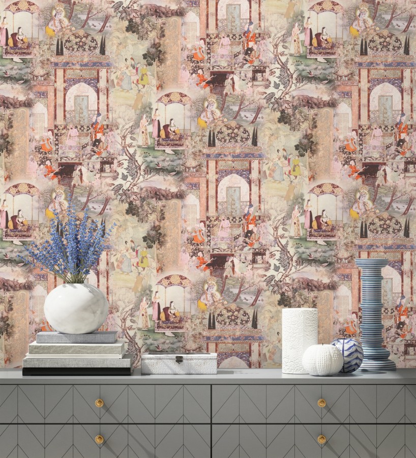 Papel pintado mural indio de tapiz artístico con escenas cortesanas y palacios  Vareli Indus 684784