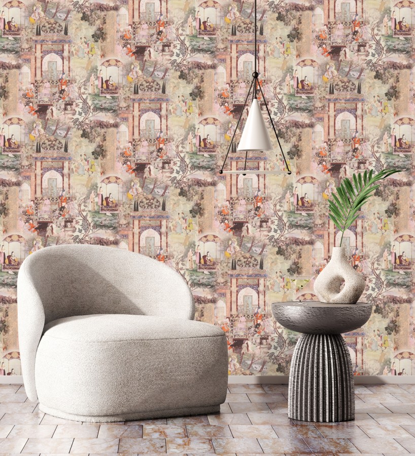Papel pintado mural indio de tapiz artístico con escenas cortesanas y palacios  Vareli Indus 684784
