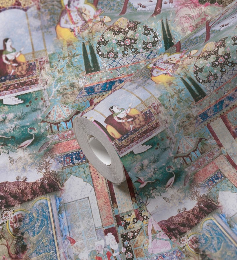 Papel pintado mural indio de tapiz artístico con escenas cortesanas y palacios  Vareli Indus 684785