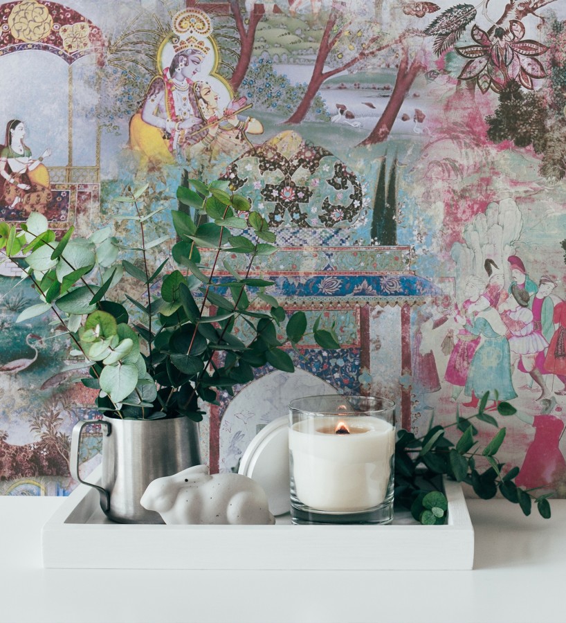 Papel pintado mural indio de tapiz artístico con escenas cortesanas y palacios  Vareli Indus 684785