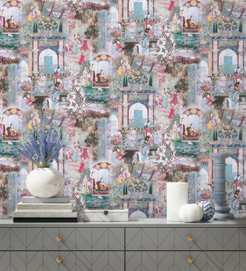 Papel pintado mural indio de tapiz artístico con escenas cortesanas y palacios  Vareli Indus 684785