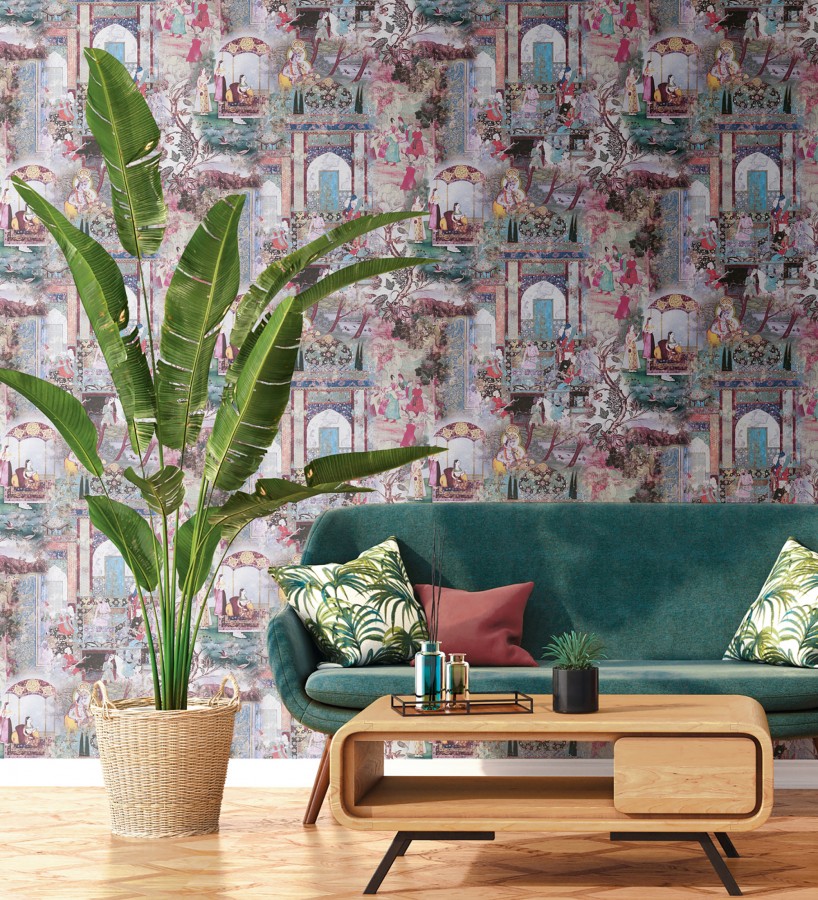 Papel pintado mural indio de tapiz artístico con escenas cortesanas y palacios  Vareli Indus 684785