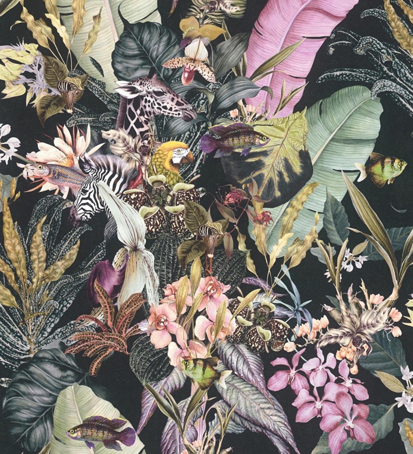 Papel pintado tropical de cebras jirafas loros y peces  Indira Exotic 684786