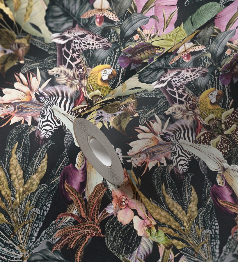 Papel pintado tropical de cebras jirafas loros y peces  Indira Exotic 684786