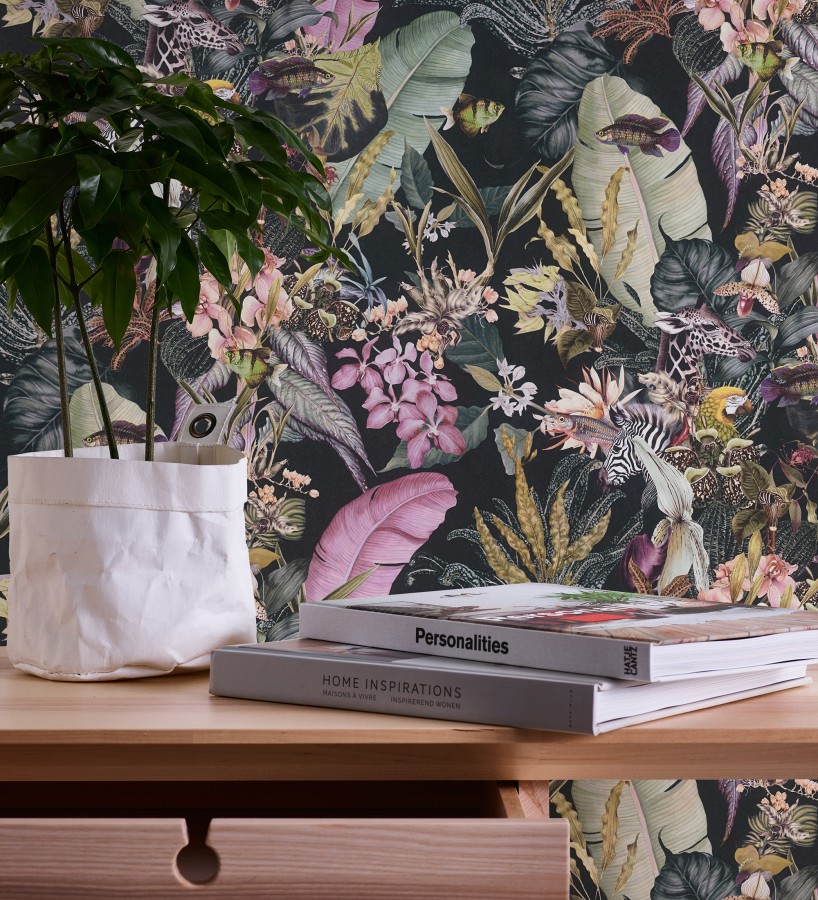 Papel pintado tropical de cebras jirafas loros y peces  Indira Exotic 684786