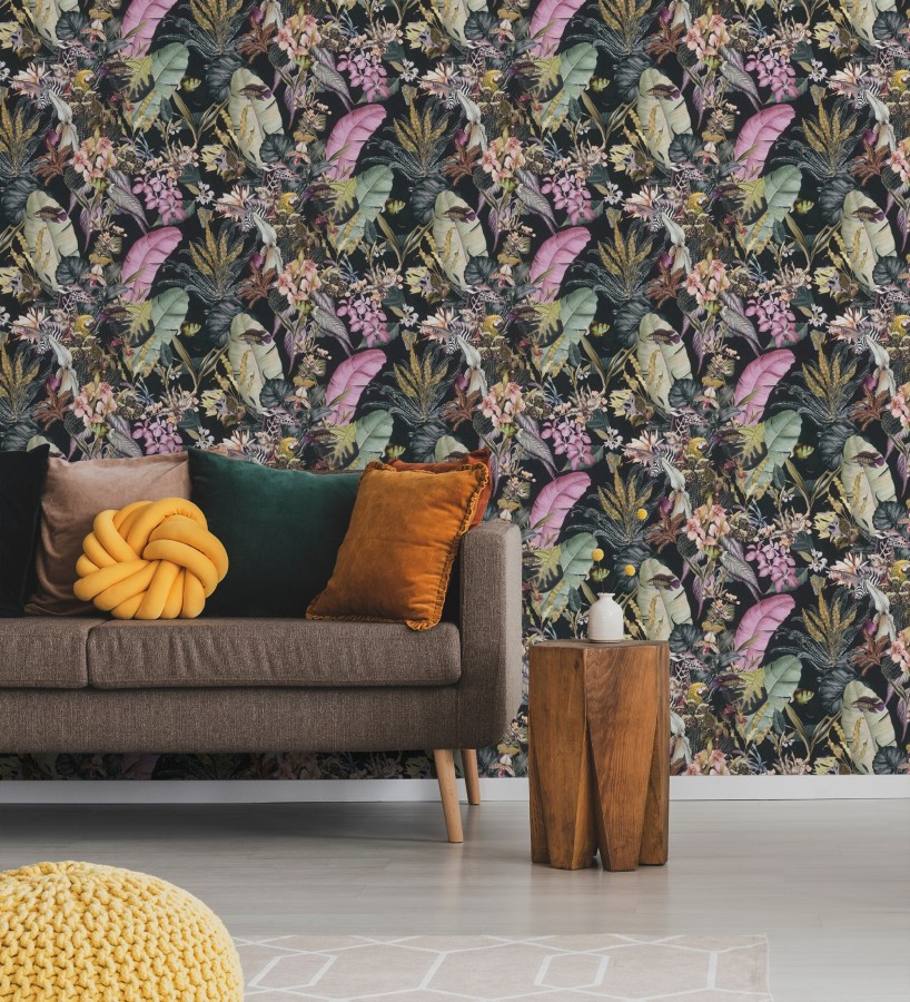 Papel pintado tropical de cebras jirafas loros y peces  Indira Exotic 684786