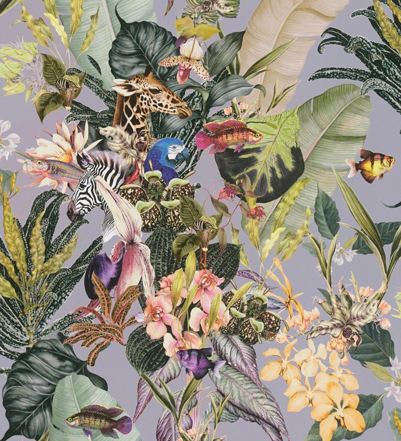 Papel pintado tropical de cebras jirafas loros y peces  Indira Exotic 684787