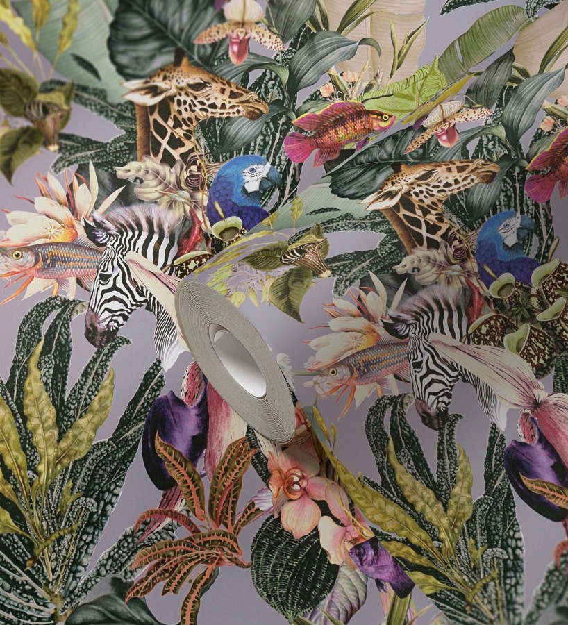Papel pintado tropical de cebras jirafas loros y peces  Indira Exotic 684787