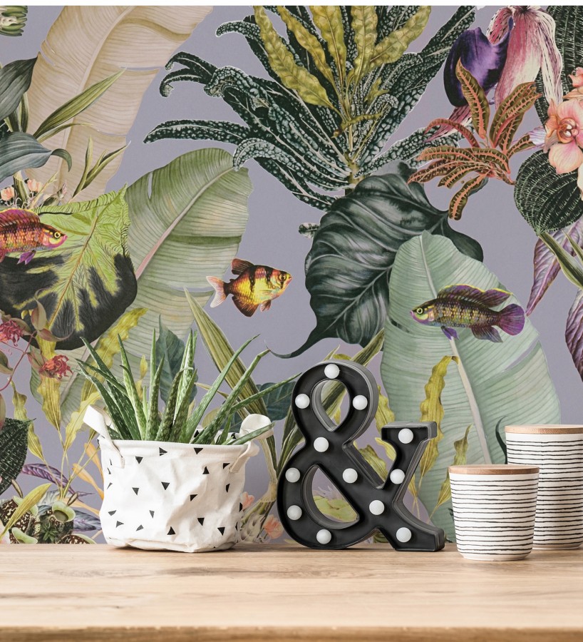 Papel pintado tropical de cebras jirafas loros y peces  Indira Exotic 684787