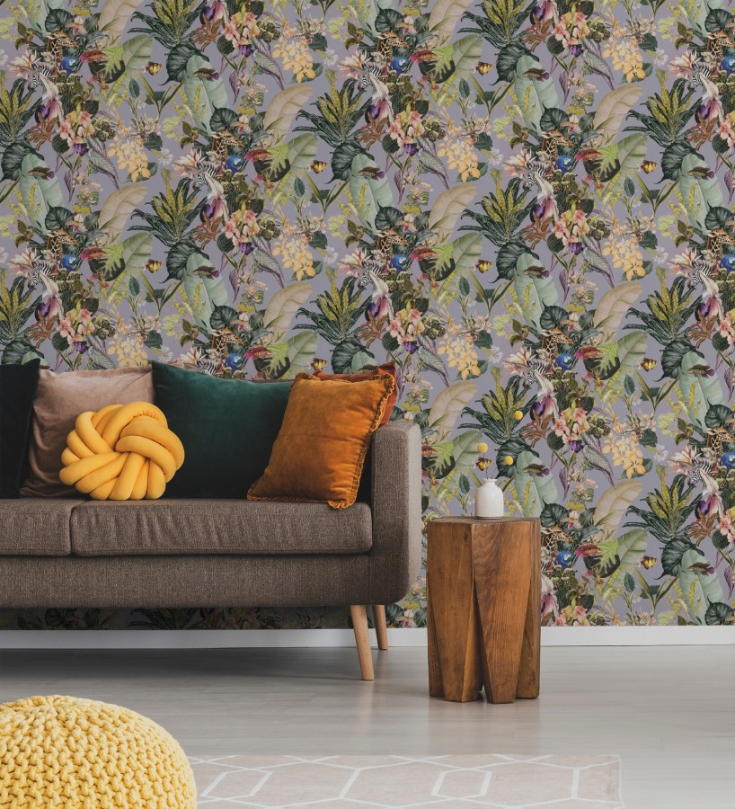 Papel pintado tropical de cebras jirafas loros y peces  Indira Exotic 684787