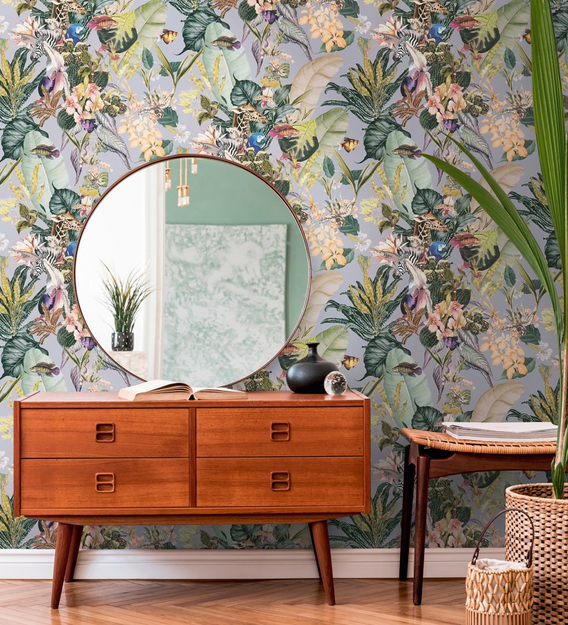 Papel pintado tropical de cebras jirafas loros y peces  Indira Exotic 684787