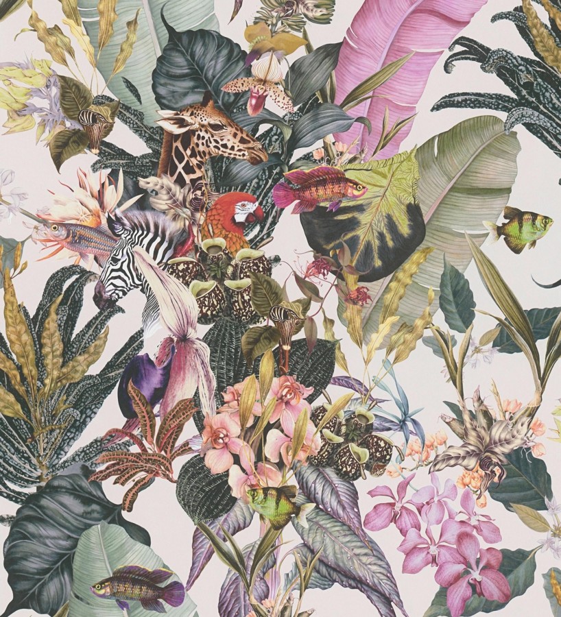Papel pintado tropical de cebras jirafas loros y peces  Indira Exotic 684788