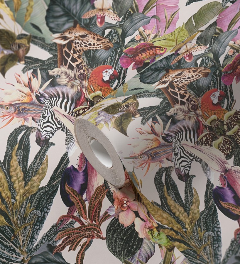 Papel pintado tropical de cebras jirafas loros y peces  Indira Exotic 684788