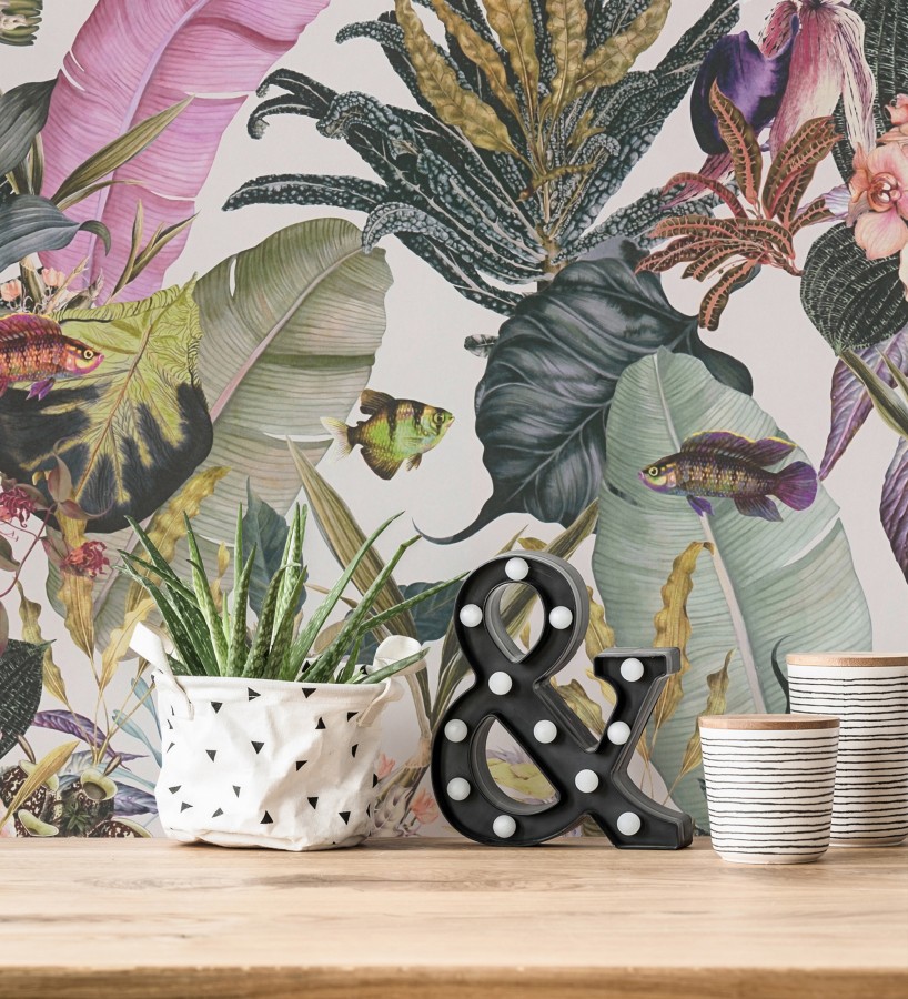 Papel pintado tropical de cebras jirafas loros y peces  Indira Exotic 684788