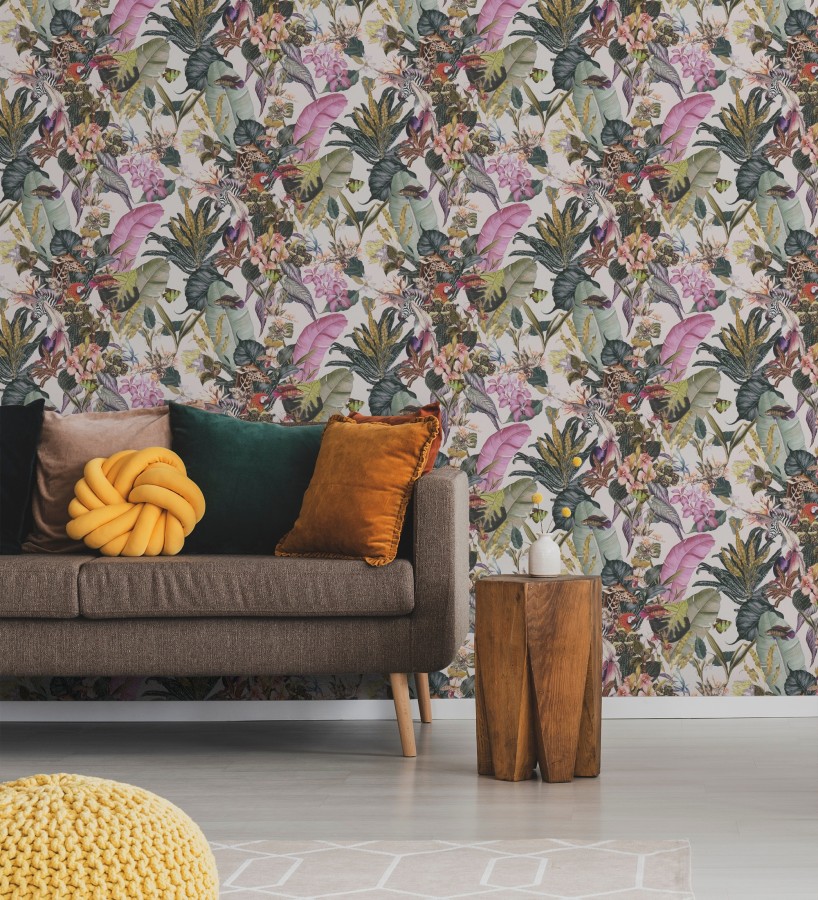 Papel pintado tropical de cebras jirafas loros y peces  Indira Exotic 684788