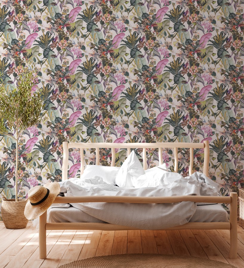 Papel pintado tropical de cebras jirafas loros y peces  Indira Exotic 684788