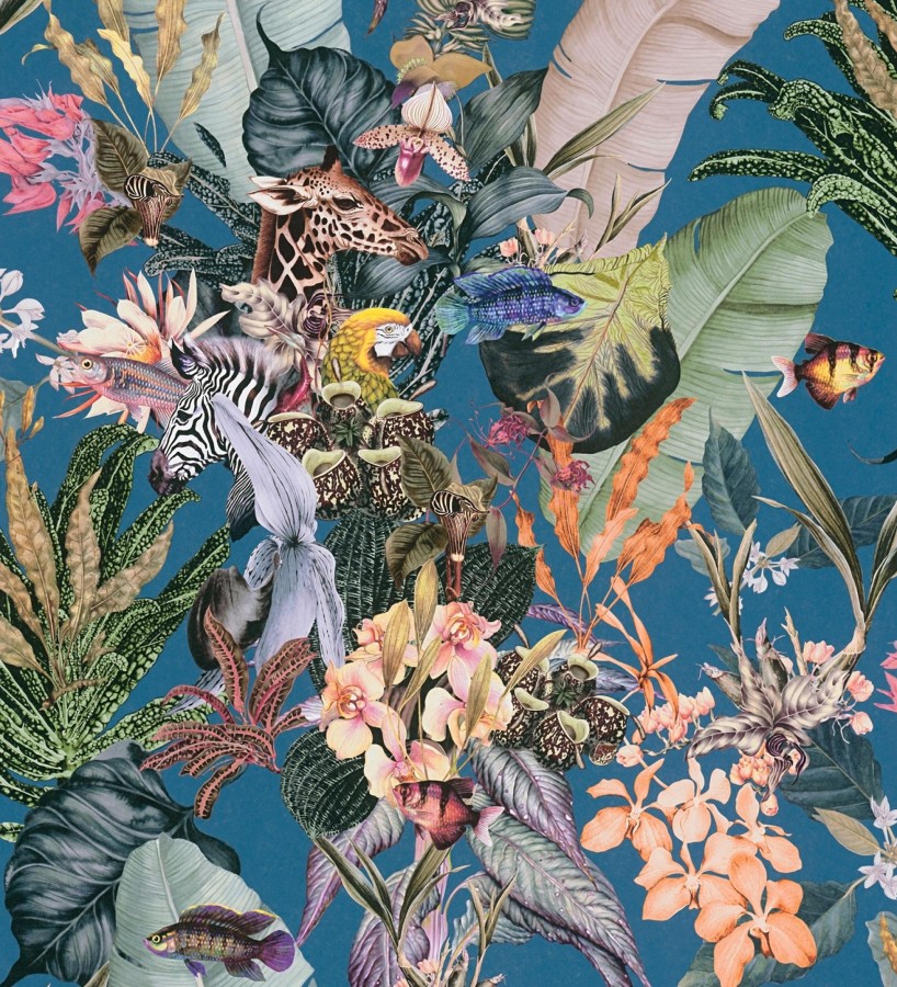 Papel pintado tropical de cebras jirafas loros y peces  Indira Exotic 684789