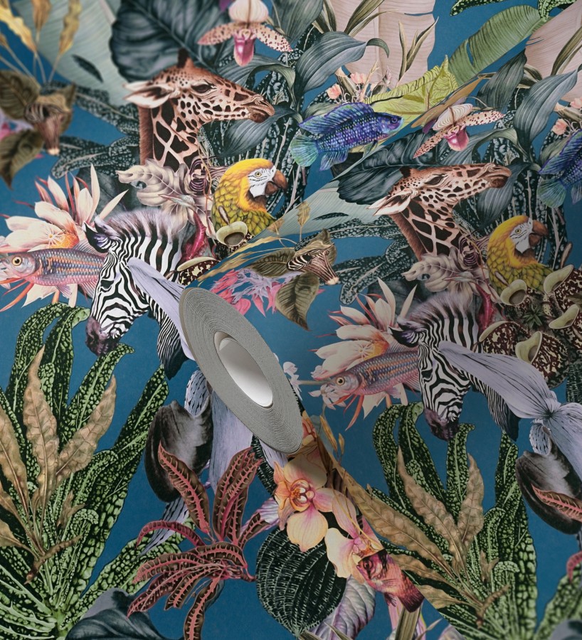 Papel pintado tropical de cebras jirafas loros y peces  Indira Exotic 684789