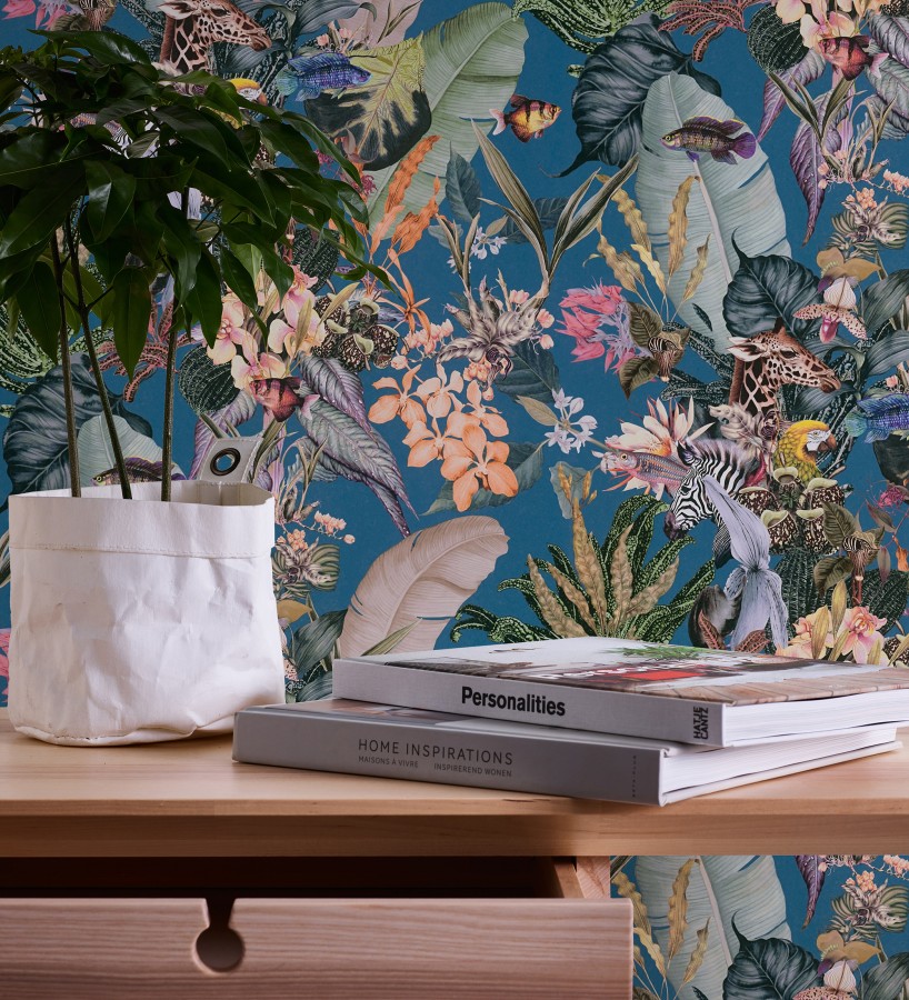 Papel pintado tropical de cebras jirafas loros y peces  Indira Exotic 684789