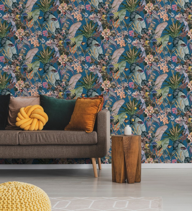Papel pintado tropical de cebras jirafas loros y peces  Indira Exotic 684789