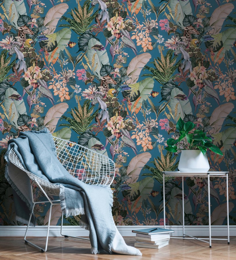 Papel pintado tropical de cebras jirafas loros y peces  Indira Exotic 684789