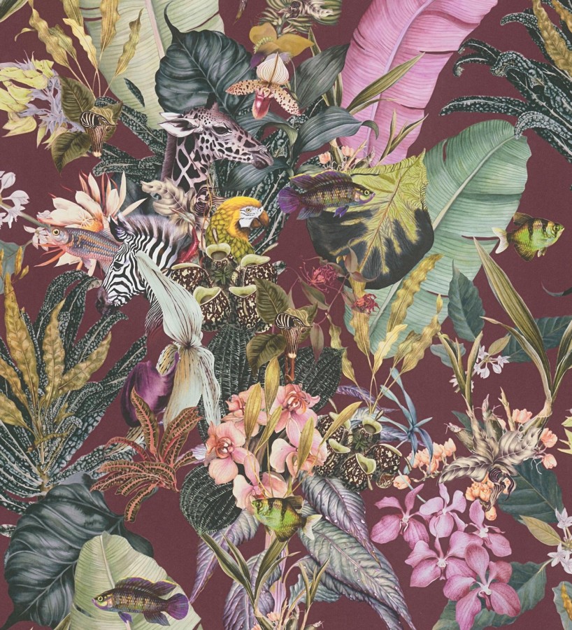Papel pintado tropical de cebras jirafas loros y peces  Indira Exotic 684790