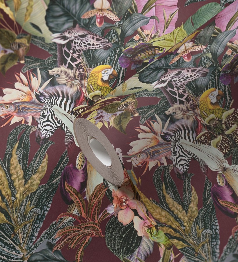 Papel pintado tropical de cebras jirafas loros y peces  Indira Exotic 684790