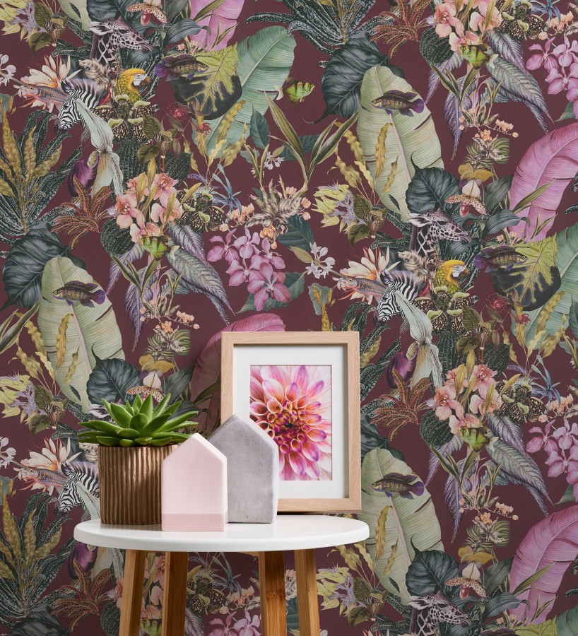 Papel pintado tropical de cebras jirafas loros y peces  Indira Exotic 684790